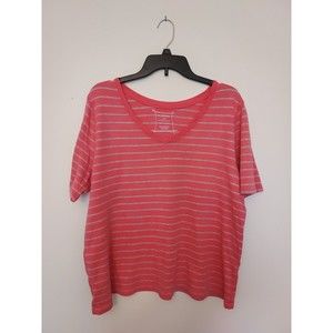 Lane Bryant 18/20 Pullover V Neck Top Short Sleeve Pink Gray Stripe 100% Cotton